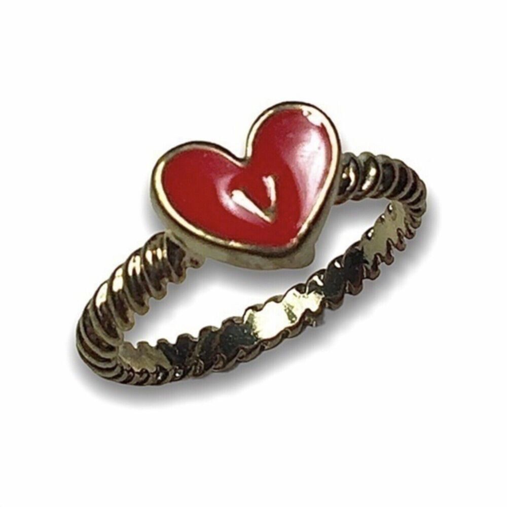 VTG Heart Ring Letter V Initial Size 7.25 Gold Tone Red Enamel Valentine's Day